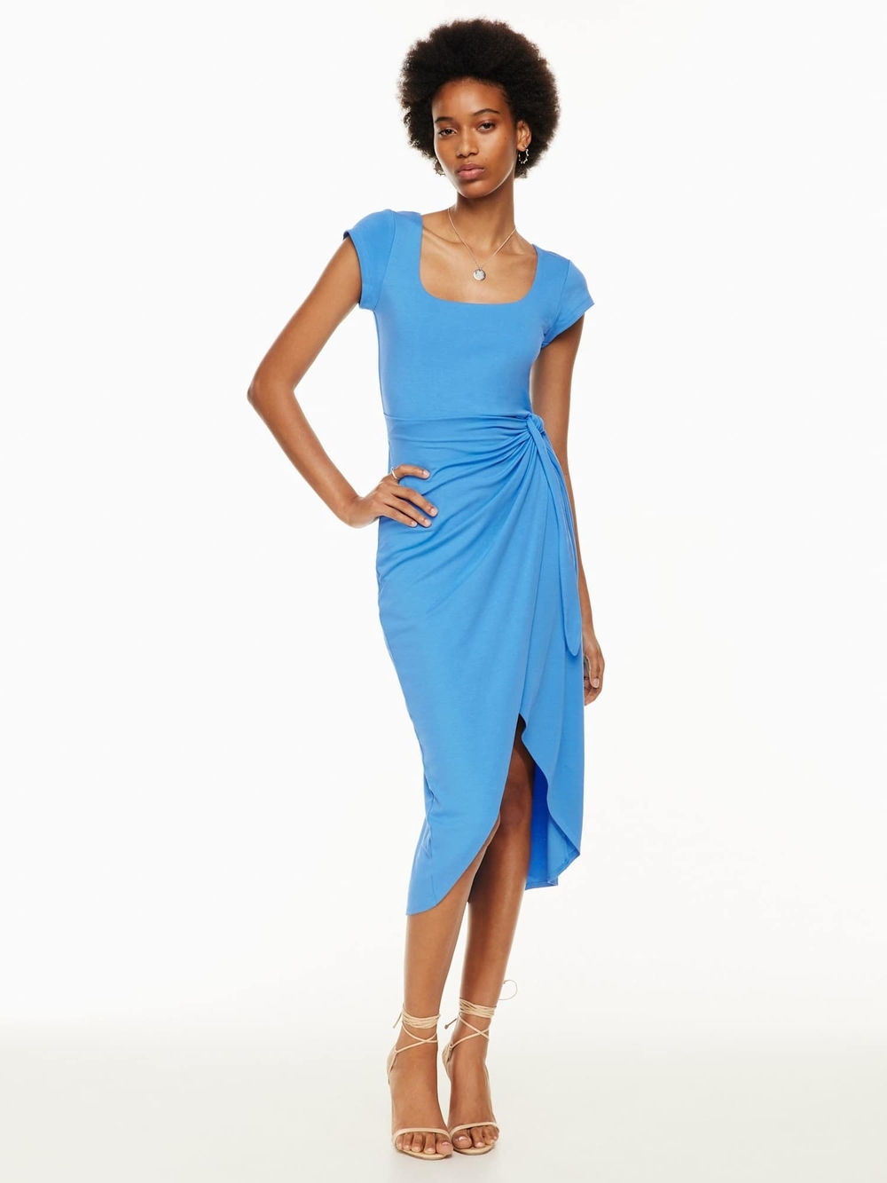 Wilfred Sky Blue Ruched Side-Knot Midi Dress